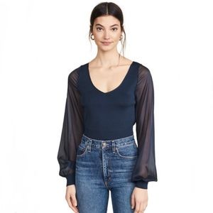 Ramy Brook Aaron V-Neck Sheer Blouson-Sleeve Top NWT